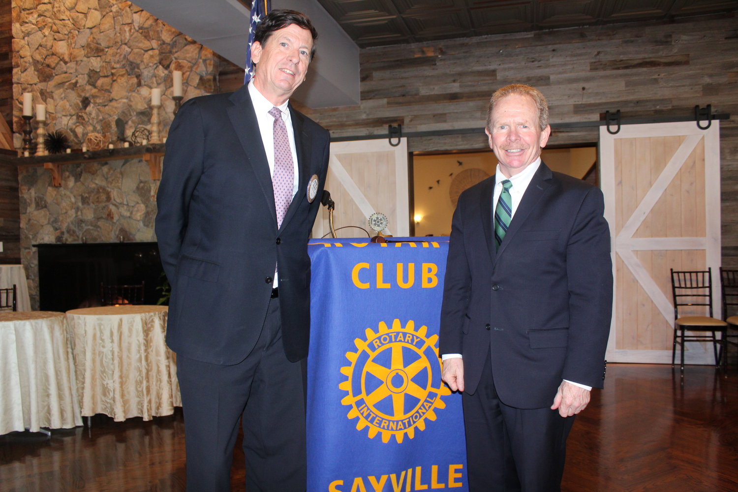 Sayville Rotary president Brendan McCurdy introduced deputy county executive Peter Scully recently, who discussed the county’s mission on residential wastewater treatment systems. 
SCN/Leuzzi 
Sayville Rotary president Brendan McCurdy introduced deputy county executive Peter Scully recently, who discussed the county’s mission on residential wastewater treatment systems.